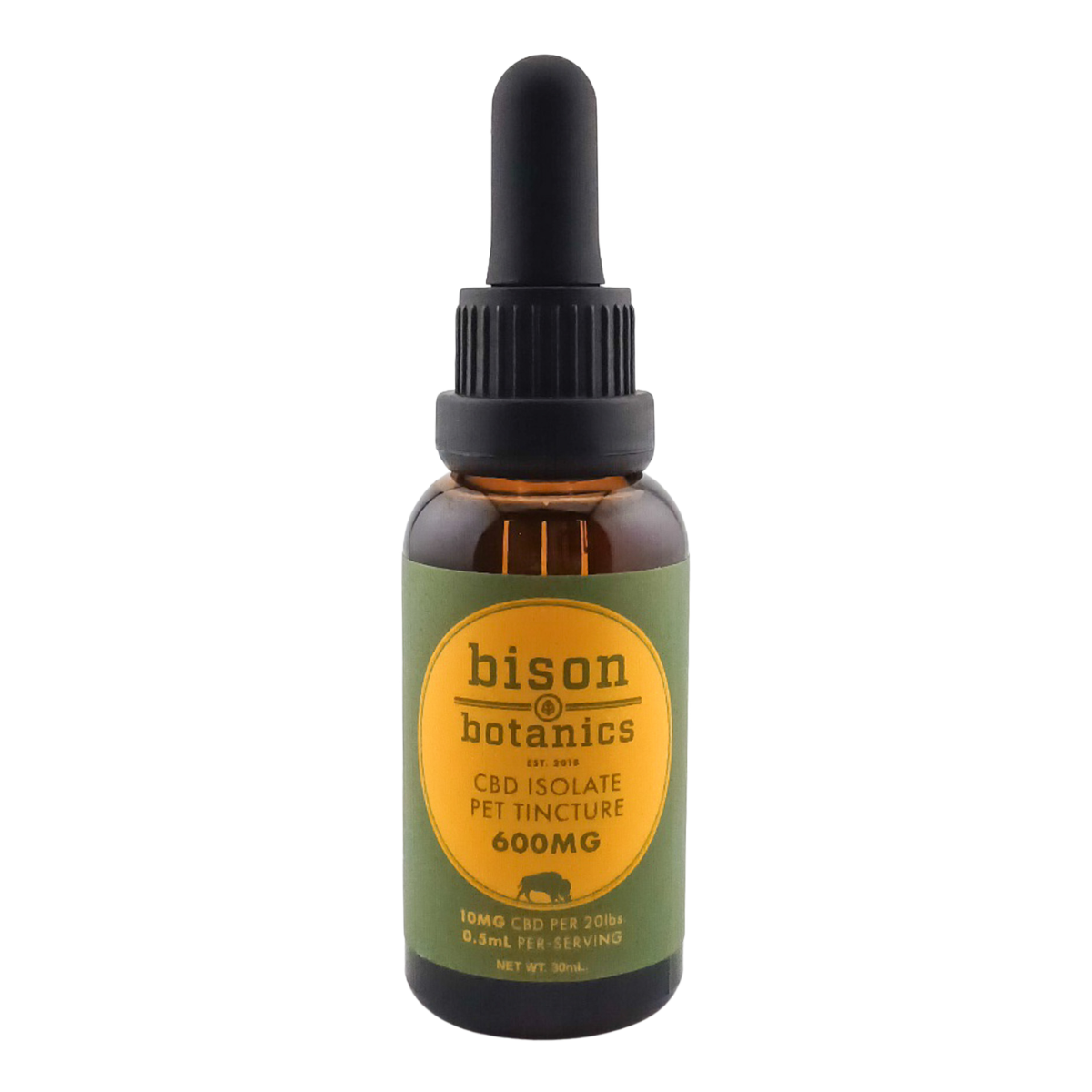 pet-cbd-600mg A Bison Botanics 600mg Pet CBD Oil, on a white background