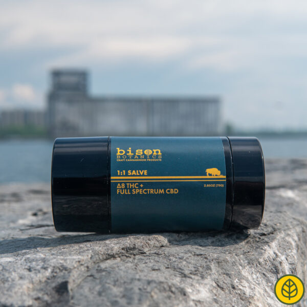 Bison Botanics 1:1 salves are with beeswax, organic sunflower oil, fractionated coconut oil, vitamin e oil, organic arnica, organic rosemary essential oil, organic lanolin, locally sourced distilled hemp extract from Don Spoth Farm in North Amherst, NY and Delta 8 THC.