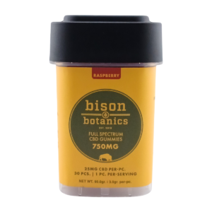A container of Bison Botanics 750mg Full Spectrum CBD Gummies, on a white background