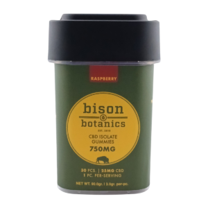 A container of Bison Botanics 750mg CBD Isolate Gummies, on a white background