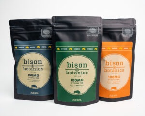 Bison Botanics' delta-9 THC gummies pictured from left to right, 10mg per piece indica; 10mg per piece hybrid and 10mg per piece sativa. ;