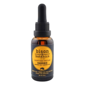 A tincture of Bison Botanics CBD + CBN oil, on a white background